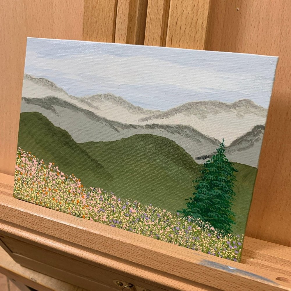Mountains and Wildflowers Original Painting 5"x7"